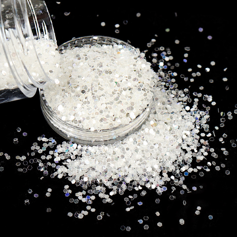 6Gb/komplekts Spīdīgi sešstūra nagu vizuļi Baltā Zelta Glitter Flakes Manikīra dizains Nagu mākslas dekori Aksesuāri DIY nagu želejai