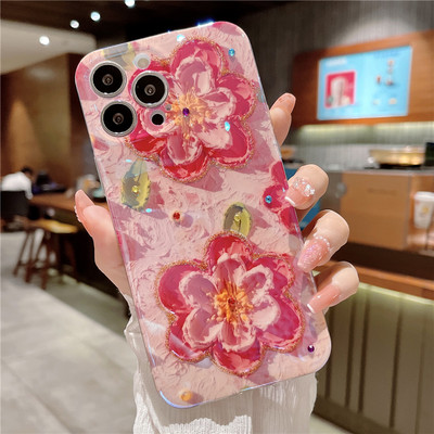 Glitter Diamond Oil Painting Flower Phone Case iPhone 14 13 12 11 Pro Max XR XS X 7 8 Plus SE kaamera kaitse pehme kate
