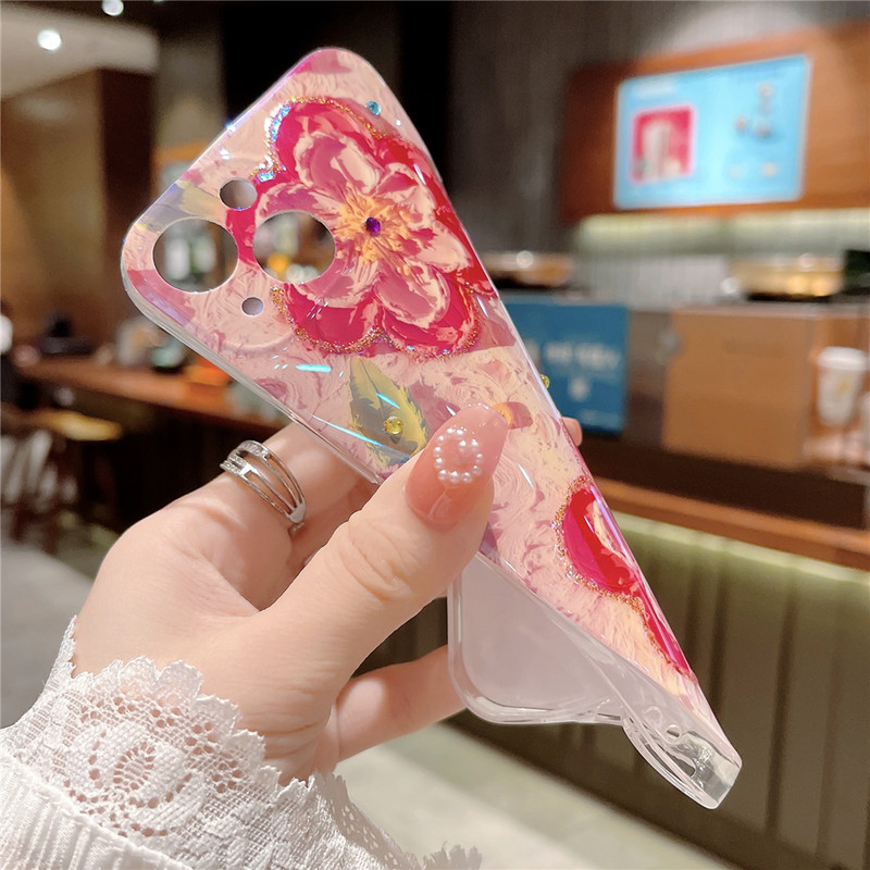 Glitter Diamond Oil Painting Flower Phone Case iPhone 14 13 12 11 Pro Max XR XS X 7 8 Plus SE kaamera kaitse pehme kate