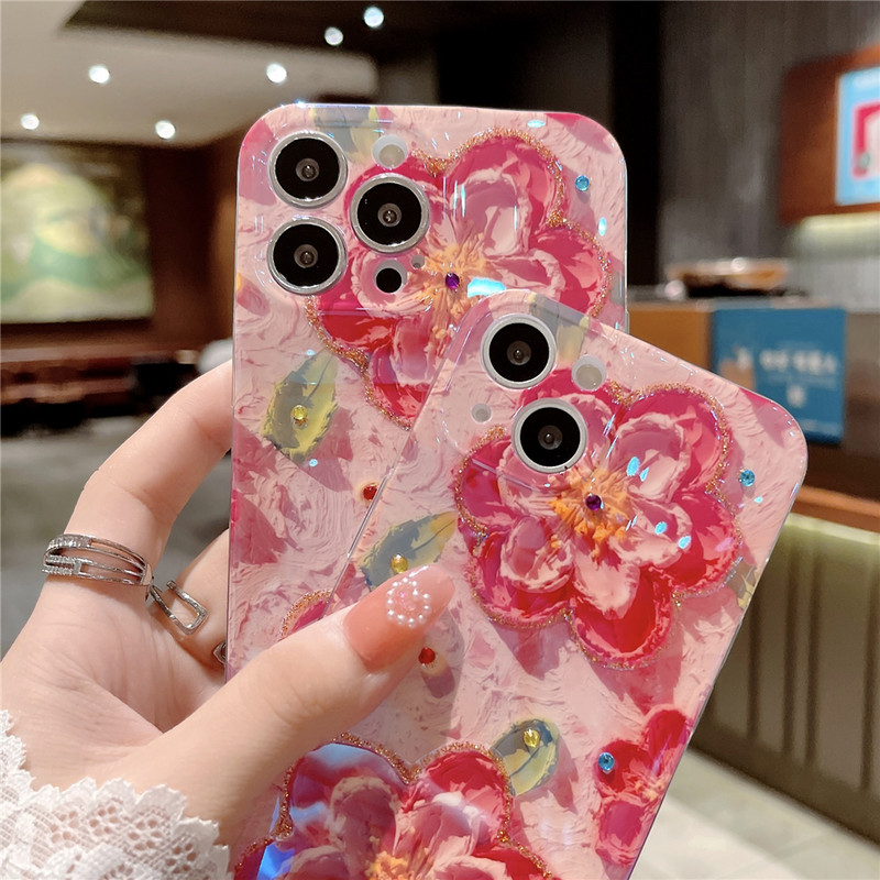 Glitter Diamond Oil Painting Flower Phone Case iPhone 14 13 12 11 Pro Max XR XS X 7 8 Plus SE kaamera kaitse pehme kate