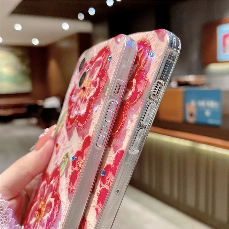 Glitter Diamond Oil Painting Flower Phone Case iPhone 14 13 12 11 Pro Max XR XS X 7 8 Plus SE kaamera kaitse pehme kate