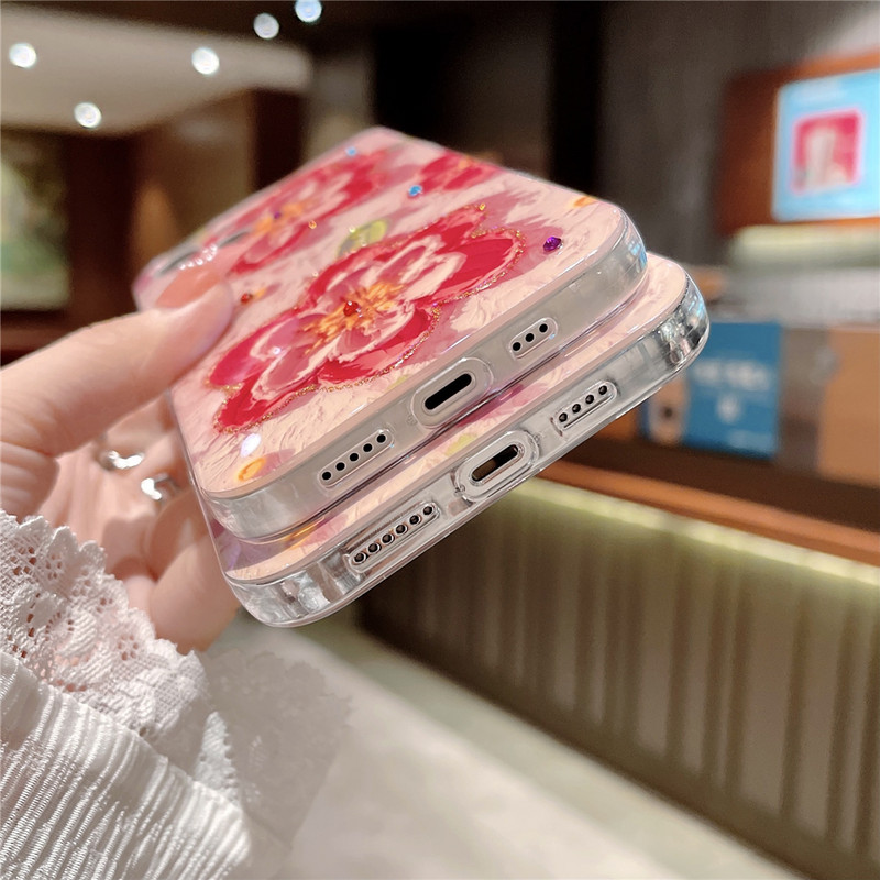Glitter Diamond Oil Painting Flower Phone Case iPhone 14 13 12 11 Pro Max XR XS X 7 8 Plus SE kaamera kaitse pehme kate