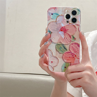 Glitter Diamond Oil Painting Roosa lilleline telefoniümbris iPhone 14 Pro Max 13 11 12 Mini X XS XR 7 8 Plus läikiv põrutuskindel kate