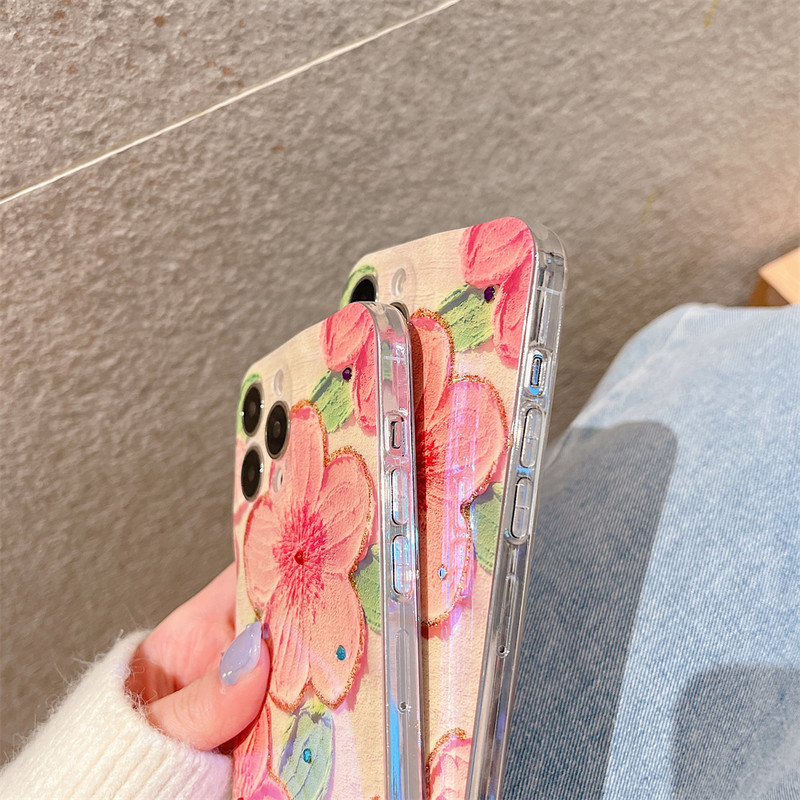 Glitter Diamond Oil Painting Roosa lilleline telefoniümbris iPhone 14 Pro Max 13 11 12 Mini X XS XR 7 8 Plus läikiv põrutuskindel kate