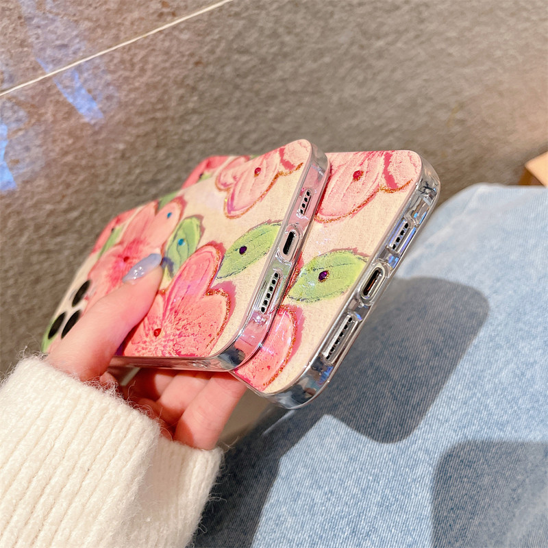 Glitter Diamond Oil Painting Roosa lilleline telefoniümbris iPhone 14 Pro Max 13 11 12 Mini X XS XR 7 8 Plus läikiv põrutuskindel kate