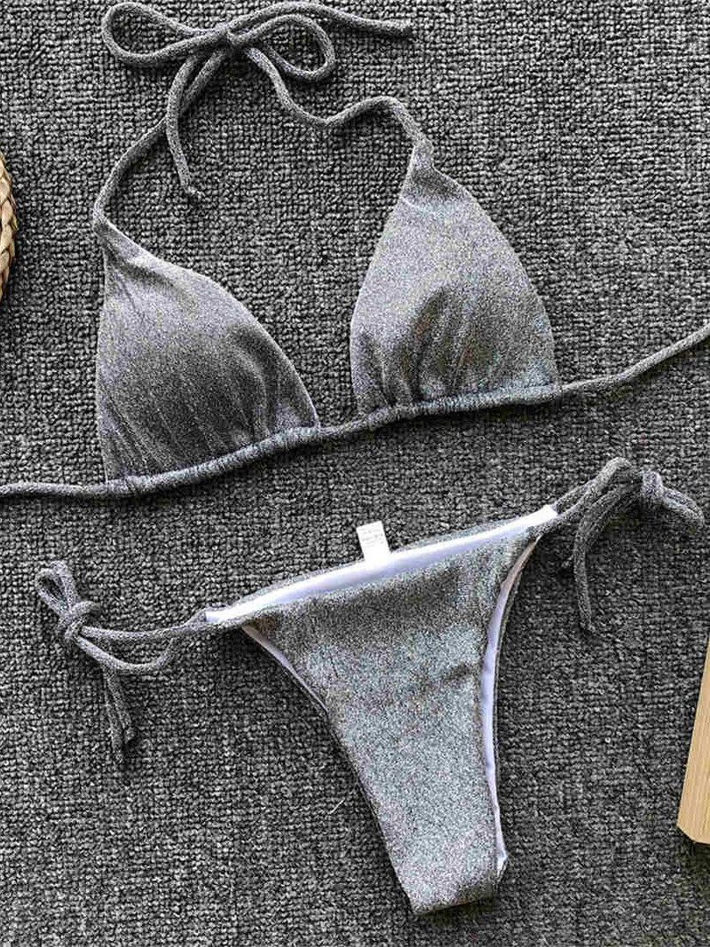 Új szexi fényes csillogó csillogó bikini női fürdőruha Női fürdőruha Kétrészes bikini szett Halter fürdőruha V1201