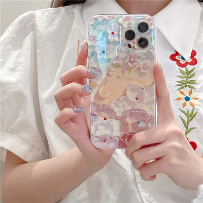 Ροζ χαριτωμένη θήκη τηλεφώνου Sakura με ελαιογραφία για iPhone 14 13 12 11 Pro XS Max Mini XR X 7 8 Plus SE Flower Diamond Reflektive Cover