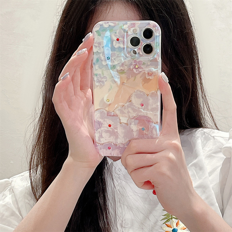 Ροζ χαριτωμένη θήκη τηλεφώνου Sakura με ελαιογραφία για iPhone 14 13 12 11 Pro XS Max Mini XR X 7 8 Plus SE Flower Diamond Reflektive Cover