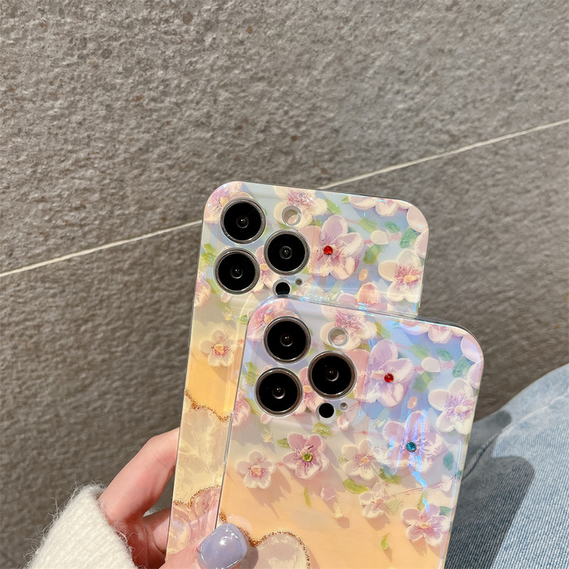 Ροζ χαριτωμένη θήκη τηλεφώνου Sakura με ελαιογραφία για iPhone 14 13 12 11 Pro XS Max Mini XR X 7 8 Plus SE Flower Diamond Reflektive Cover