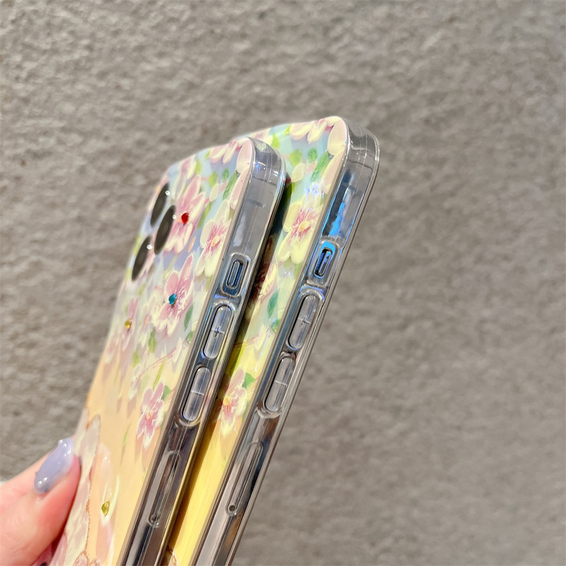 Ροζ χαριτωμένη θήκη τηλεφώνου Sakura με ελαιογραφία για iPhone 14 13 12 11 Pro XS Max Mini XR X 7 8 Plus SE Flower Diamond Reflektive Cover