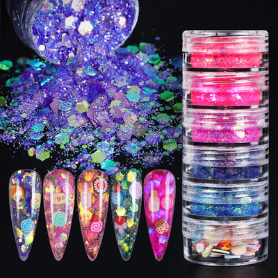 6Pcs Mermaid Ice Through Hexagon Sequin Decoration Iridescent Chunky Nail Art Glitter Mixed Fruit Candy Slice Nails Accessories