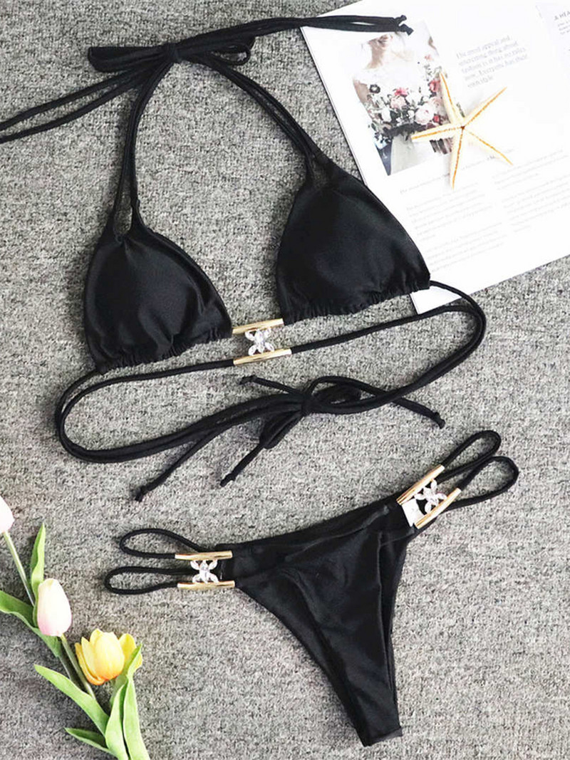 Új szexi pántos Bling Diamond bikini női fürdőruha Női fürdőruha Kétrészes bikini szett Halter fürdőruha Swim V2387