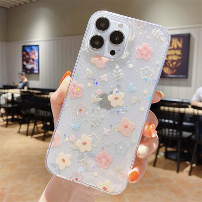 Luxury Flower Διάφανη θήκη τηλεφώνου για iPhone 14 13 Pro Max 12 11 X XR XS Max 7 8 Plus Mini SE Cute Cartoon Epoxy Soft Cover