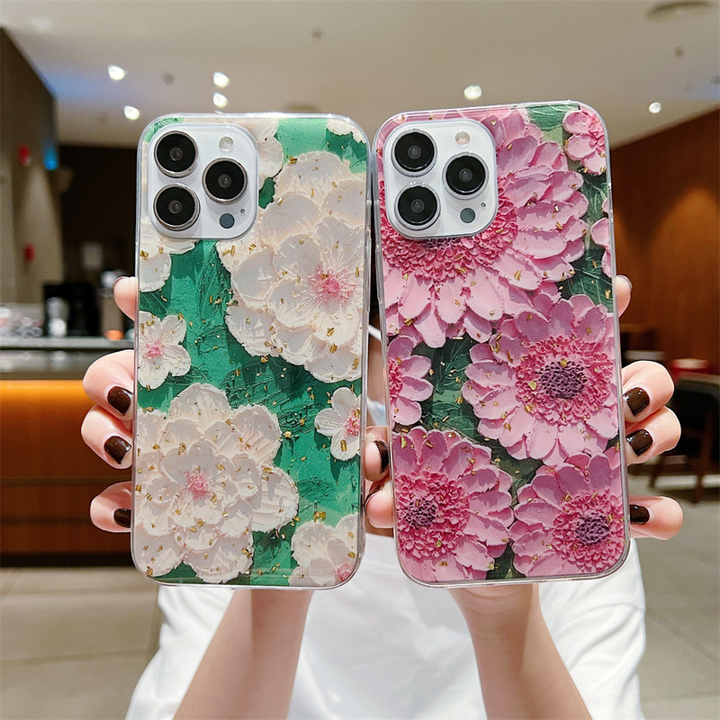 Kuldfoolium Retro Õlimaali Lilled Telefoniümbris iPhone 13 12 11 Pro Max Mini X XS Max XR 7 8 Plus SE 2 Pehme põrutuskindel kate