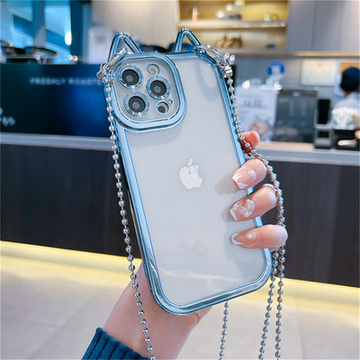 Armsad kassikõrvad, kaelapaelaga kaetud läbipaistev telefoniümbris iPhone 13 12 11 Pro XS Max X XR Crossbody metallist helmestega pika ketiga tagakaas