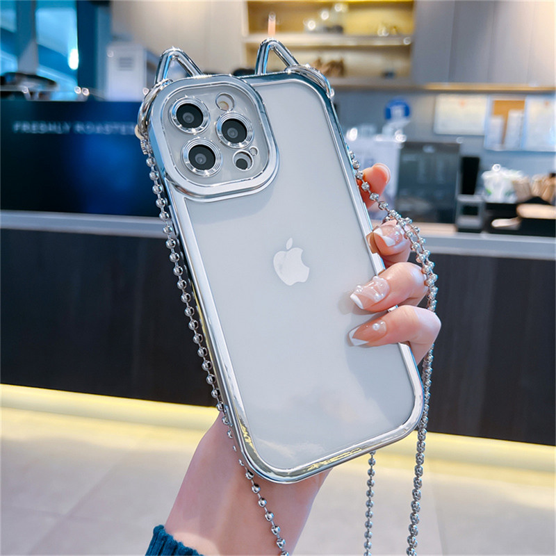 Armsad kassikõrvad, kaelapaelaga kaetud läbipaistev telefoniümbris iPhone 13 12 11 Pro XS Max X XR Crossbody metallist helmestega pika ketiga tagakaas