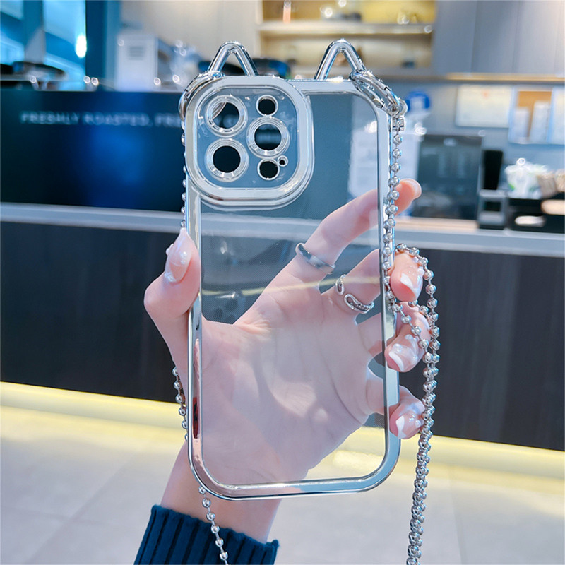 Armsad kassikõrvad, kaelapaelaga kaetud läbipaistev telefoniümbris iPhone 13 12 11 Pro XS Max X XR Crossbody metallist helmestega pika ketiga tagakaas