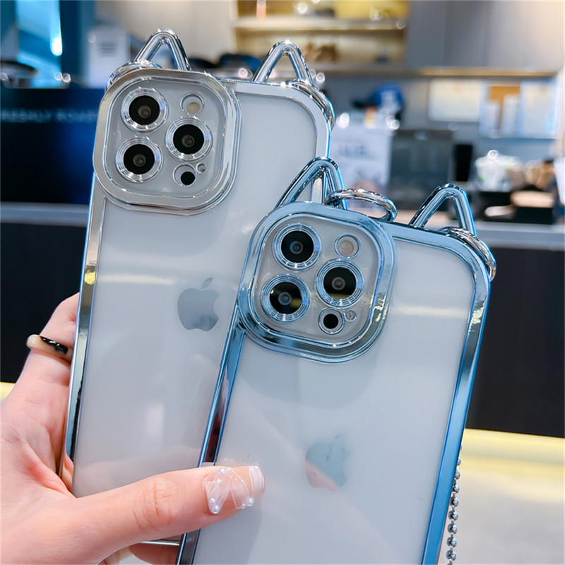 Armsad kassikõrvad, kaelapaelaga kaetud läbipaistev telefoniümbris iPhone 13 12 11 Pro XS Max X XR Crossbody metallist helmestega pika ketiga tagakaas