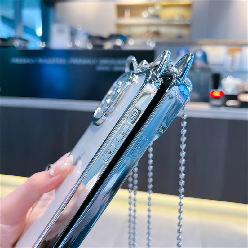 Armsad kassikõrvad, kaelapaelaga kaetud läbipaistev telefoniümbris iPhone 13 12 11 Pro XS Max X XR Crossbody metallist helmestega pika ketiga tagakaas