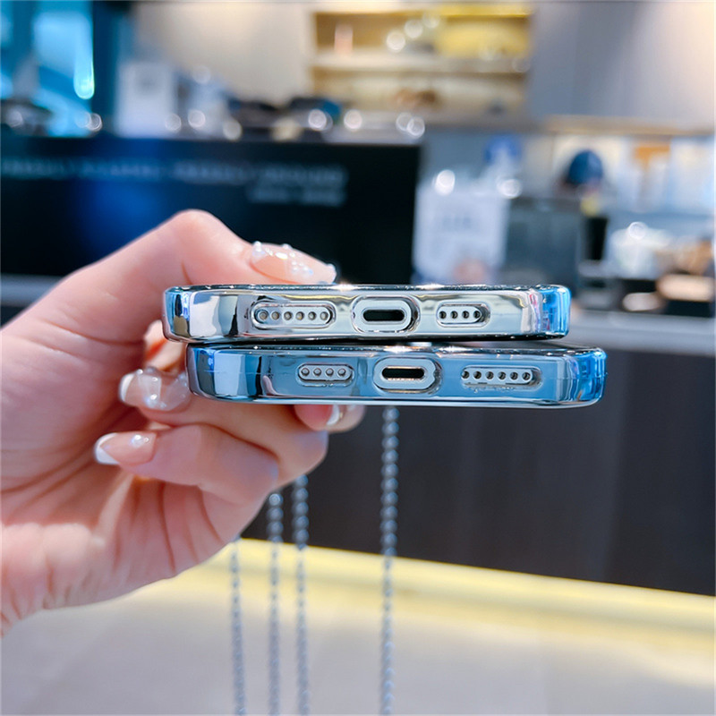 Armsad kassikõrvad, kaelapaelaga kaetud läbipaistev telefoniümbris iPhone 13 12 11 Pro XS Max X XR Crossbody metallist helmestega pika ketiga tagakaas