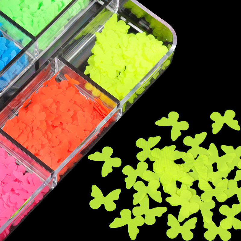 Neon pillangós köröm csillogó flitterek 3D manikűr dekoratív pelyhek kiegészítők készlet nagykereskedés körömbűbáj termékek ingyenes kiszállítás