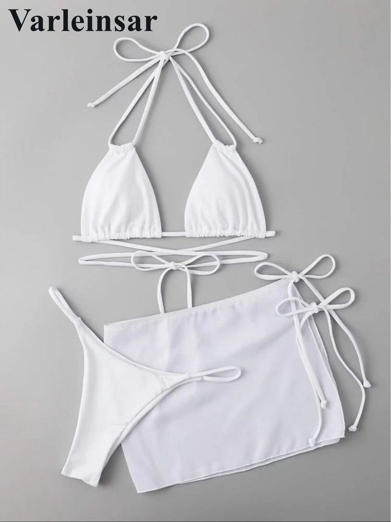 Szexi kötőfék, körbetekerhető bikini, női fürdőruha, női fürdőruha, háromrészes bikini szett Sarong fürdőruhával, Swim V4125
