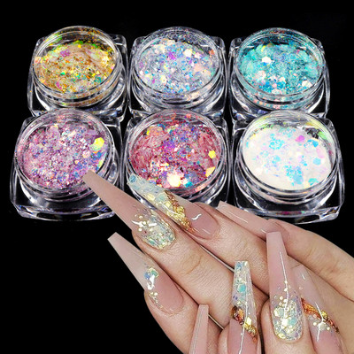 6PCS Полупрозрачни Aurora Mermaid Nail Art Glitter Sequin Set 3D Mixed Size Hexagonal Sheet Nail Art Decoration Accessories Kit