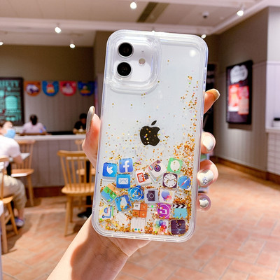 Εικονίδιο Creative Apps Διάφανη θήκη τηλεφώνου για iPhone 13 12 11 14 Pro Max X XR Funda Glitter Liquid Quicksand Back Cover Brillant