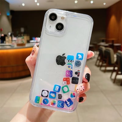 Εικονίδιο Creative Apps Διάφανη θήκη τηλεφώνου για iPhone 13 12 11 14 Pro Max X XR Funda Glitter Liquid Quicksand Back Cover Brillant