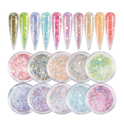 15g Gradient Mermaid Sequins Acrylic Powder Sparkling Mixed Hexagon Chunky Glitter Flakes for Nail Extended Builder Pigment Dust