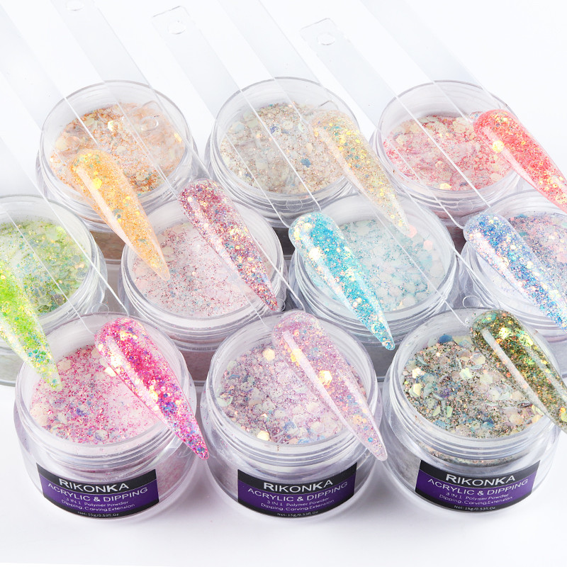 15 g Gradient Mermaid flitter Akril por, csillogó vegyes hatszögletű, vaskos csillogó pehely a körömhosszabbított építő pigmentporhoz