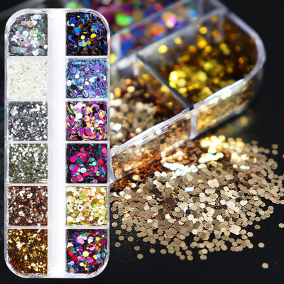 12 Grids Love Nail Art Csillogó flitter dekorációs készlet Butterfly Star Round Flake Manikűr kellékek Kiegészítők UV gél körmökhöz
