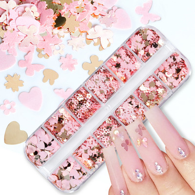 12 Grids Love Nail Art Csillogó flitter dekorációs készlet Butterfly Star Round Flake Manikűr kellékek Kiegészítők UV gél körmökhöz
