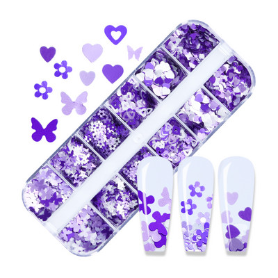 12 Grids Love Nail Art Csillogó flitter dekorációs készlet Butterfly Star Round Flake Manikűr kellékek Kiegészítők UV gél körmökhöz