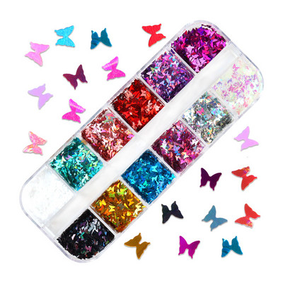 12 Grids Love Nail Art Csillogó flitter dekorációs készlet Butterfly Star Round Flake Manikűr kellékek Kiegészítők UV gél körmökhöz