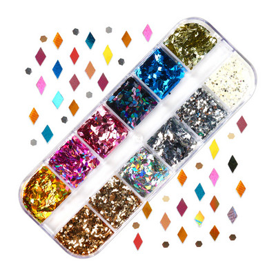 12 Grids Love Nail Art Csillogó flitter dekorációs készlet Butterfly Star Round Flake Manikűr kellékek Kiegészítők UV gél körmökhöz