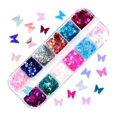 12 Grids Love Nail Art Csillogó flitter dekorációs készlet Butterfly Star Round Flake Manikűr kellékek Kiegészítők UV gél körmökhöz