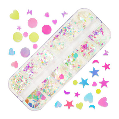 12 Grids Love Nail Art Csillogó flitter dekorációs készlet Butterfly Star Round Flake Manikűr kellékek Kiegészítők UV gél körmökhöz