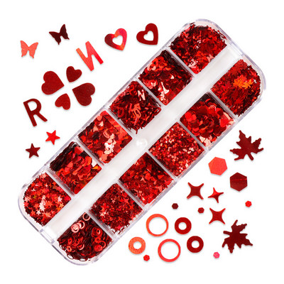 12 Grids Love Nail Art Csillogó flitter dekorációs készlet Butterfly Star Round Flake Manikűr kellékek Kiegészítők UV gél körmökhöz
