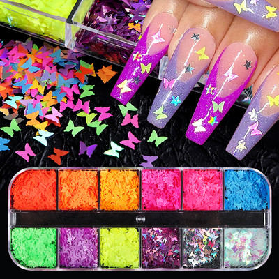 12 Grids Love Nail Art Csillogó flitter dekorációs készlet Butterfly Star Round Flake Manikűr kellékek Kiegészítők UV gél körmökhöz