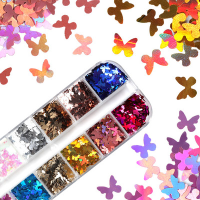 12 Grids Love Nail Art Csillogó flitter dekorációs készlet Butterfly Star Round Flake Manikűr kellékek Kiegészítők UV gél körmökhöz