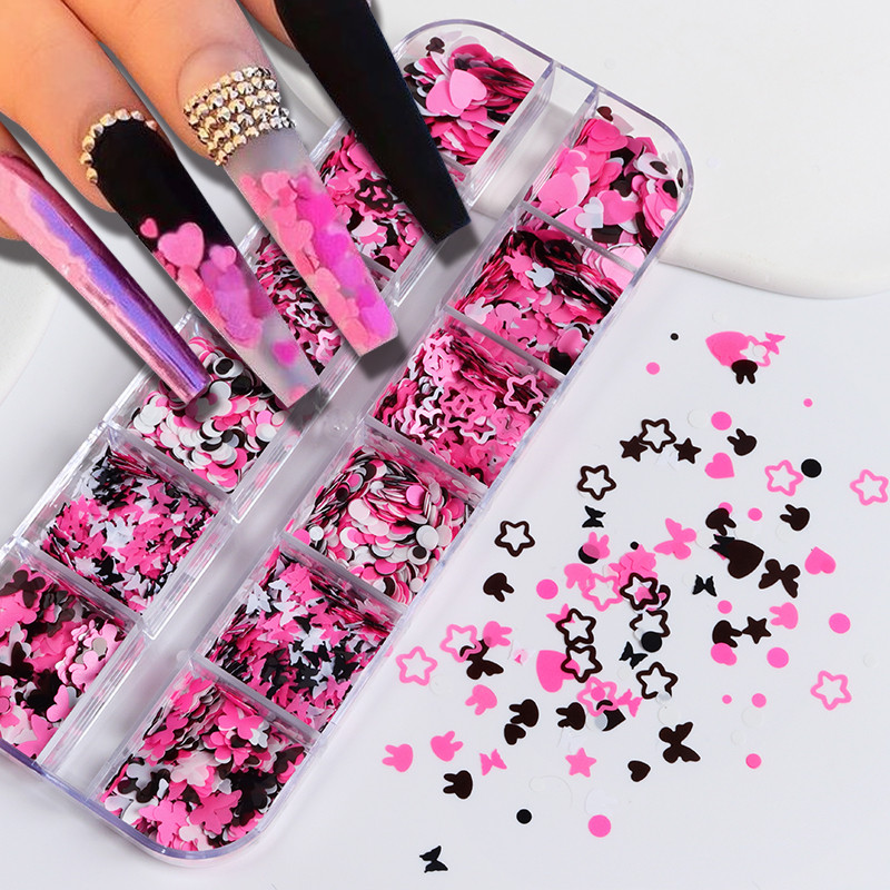 12 Grids Love Nail Art Csillogó flitter dekorációs készlet Butterfly Star Round Flake Manikűr kellékek Kiegészítők UV gél körmökhöz