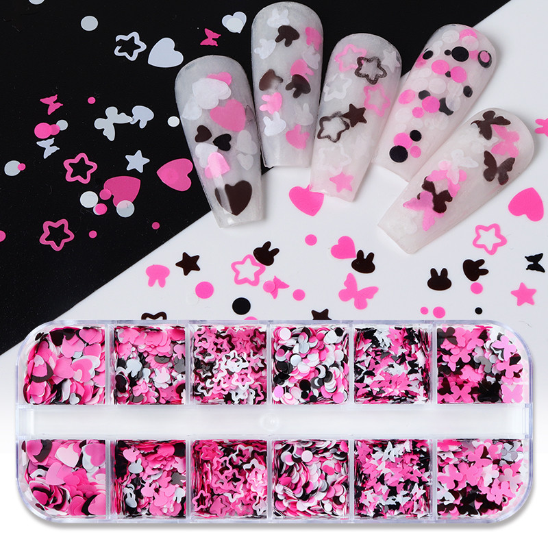 12 Grids Love Nail Art Csillogó flitter dekorációs készlet Butterfly Star Round Flake Manikűr kellékek Kiegészítők UV gél körmökhöz