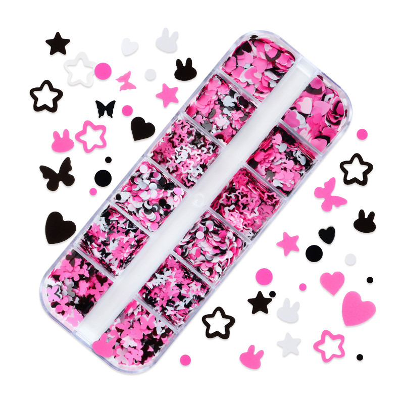 12 Grids Love Nail Art Csillogó flitter dekorációs készlet Butterfly Star Round Flake Manikűr kellékek Kiegészítők UV gél körmökhöz