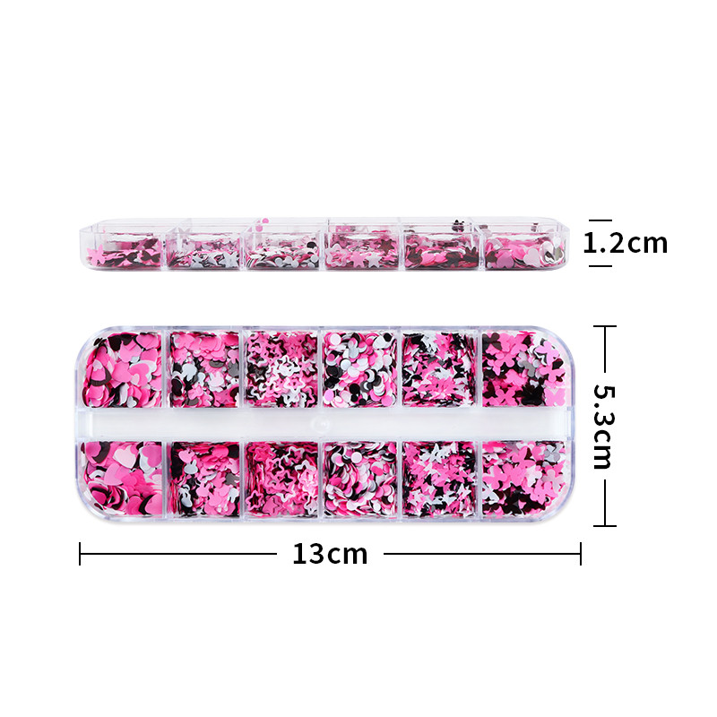 12 Grids Love Nail Art Csillogó flitter dekorációs készlet Butterfly Star Round Flake Manikűr kellékek Kiegészítők UV gél körmökhöz