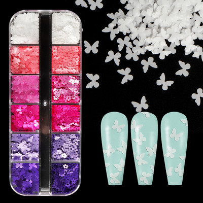 12 Grids Pearlescent Butterfly Nail Glitter πούλιες Λευκό ροζ λουλούδι νιφάδα διακόσμηση Μανικιούρ Σχέδιο για νύχια προμήθειες αξεσουάρ