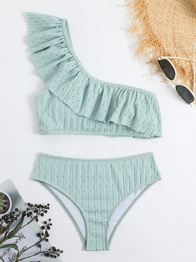 Fodros egy vállú női fürdőruha magas derekú bikini női fürdőruha Kétrészes bikini szett fürdőruha Swim Lady V4099