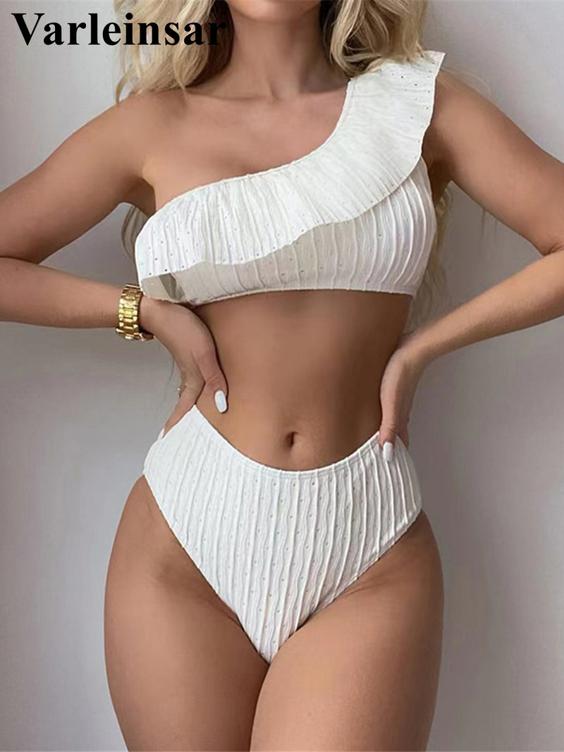 Fodros egy vállú női fürdőruha magas derekú bikini női fürdőruha Kétrészes bikini szett fürdőruha Swim Lady V4099