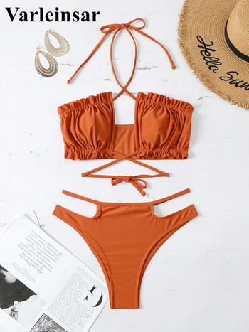 Halter Pleated Ruched Mid Waist Bikini Γυναικεία μαγιό Γυναικείο μαγιό Σετ μπικίνι δύο τεμαχίων Μαγιό μπάνιου με επένδυση V3726