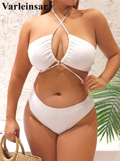 0XL - 2XL Raukšlėtas Bikini Plus Size Didelio dydžio maudymosi kostiumėliai Moteriški maudymosi kostiumėliai Dviejų dalių bikinio rinkinys Maudymosi kostiumėlis V3894
